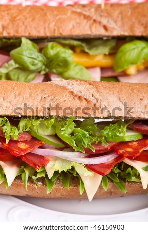 long whole wheat baguette sandwich with meat, vegetables and cheese