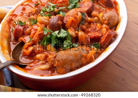 sausage and bean stew in a dish