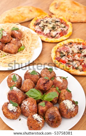 italian cuisine- meatballs, pasta, pizzas