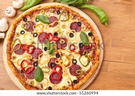 salami and vegetable  pizza with ingredients