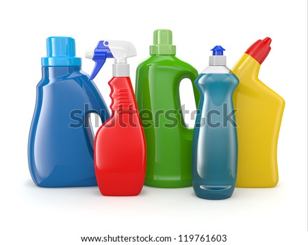 Plastic detergent bottles on white background Cleaning products 3d Plastic detergent bottles on white background Cleaning products 3d
