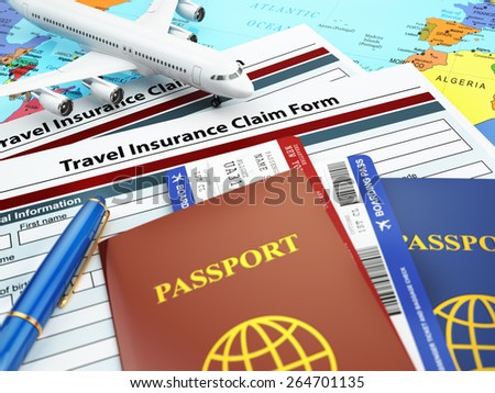 Travel insurance application form, passport and airplane on the map. 3d