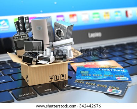 E-commerce or online shopping or delivery concept. Home appliance in box with credit cards on the laptop keyboard. 3d