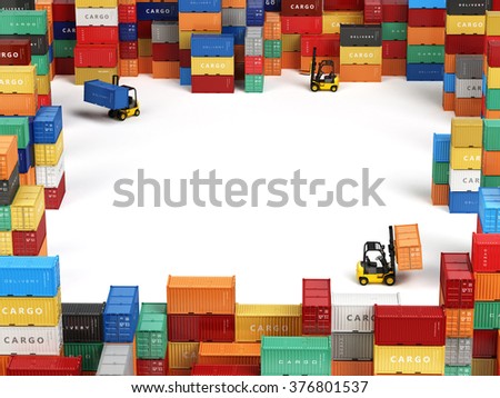 Cargo shipping containers in storage area with forklifts and space for text. Delivery transportation concept. 3d