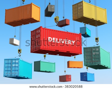 Delivery background concept. Cargo shipping containers in storage area with forklifts.  3d