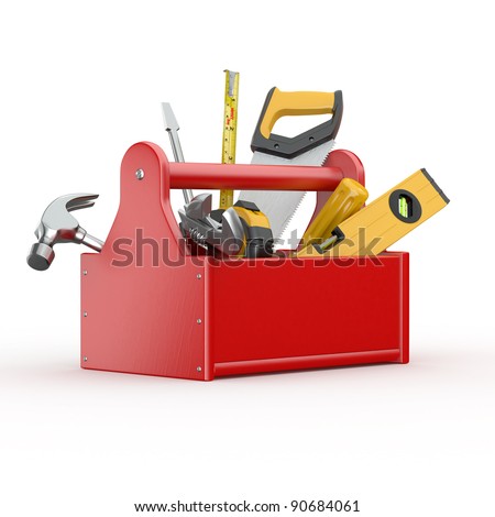 Toolbox with tools Skrewdriver hammer handsaw and wrench 3d Toolbox with tools Skrewdriver hammer handsaw and wrench 3d