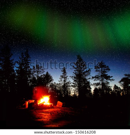 Fire Burning At Night In A Forest With Northern Lights