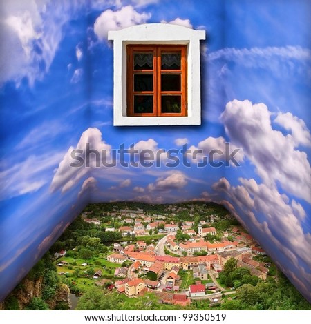 Fantasy room scenery with clouds, town and window