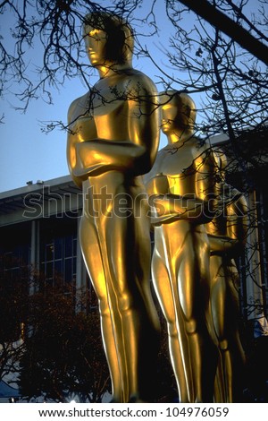 LOS ANGELES, CA - 20 MARCH 1994: Oversize Academy Award statuettes line up outside the Dorothy Chandler Pavilion prior to the 66th Academy Awards show on 20 March 1994 in Los Angeles, CA