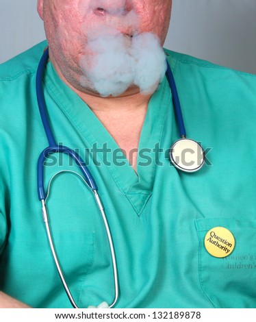 Question Authority Series #2/Man in hospital scrub smoking cigar with stethoscope around neck & Question Authority button on breast pocket.