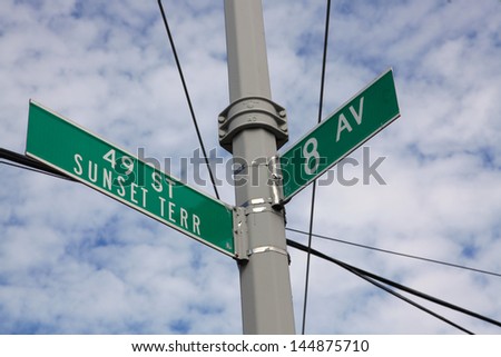 Sunset Terrace, Brooklyn/Street sign at the corner of 49th Street & 8th Avenue in Sunset Park, Brooklyn with lightly clouded blue sky background