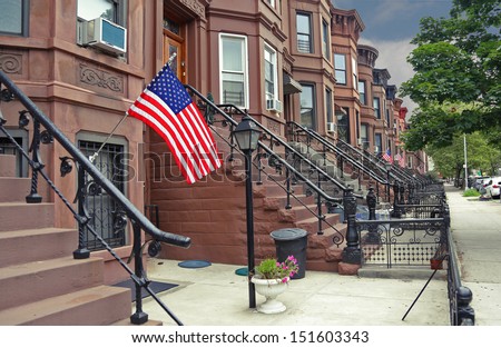 Brownstone Brooklyn/view of brownstone row houses in Sunset Park neighborhood of Brooklyn, New York.