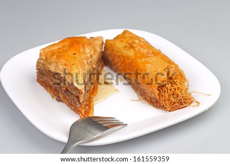 Baklava & Gianniotiko/Greek phyllo pastries filled with dough & crushed pistachios with honey syrup on plate with fork