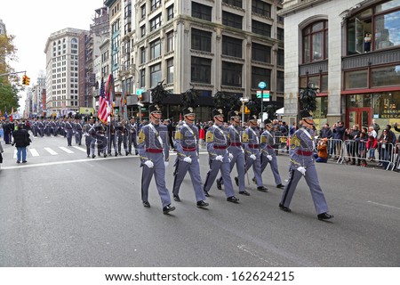 NEW YORK CITY - NOVEMBER 11 2013: Veterans\' Day was marked by a ceremonial wreath laying at the Eternal Light Monument in Madison Square Park & parade on Fifth Avenue November 11 2013 in New York City