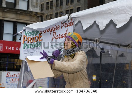 NEW YORK CITY - MARCH 30 2014: Veggie Pride Parade, a vegan animal rights organization, sponsored its annual march & rally in Union Square Park.Nancy Kogel of ROAR, Reach Out for Animal Rights, speaks