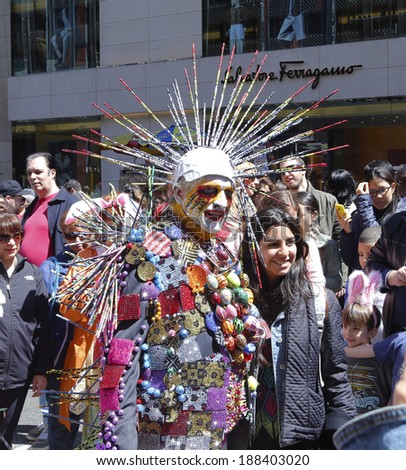 NEW YORK CITY - APRIL 20 2014: The annual Easter Parade & Bonnet festival stretches from St. Patrick\'s Cathedral on 5th Avenue to 55th Street. West Village style on Fifth Avenue