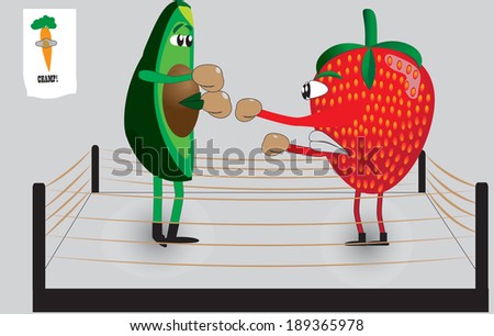Food Fights/Avocado vs. Strawberry/Avocado & Strawberry boxing in ring wearing gloves with poster of carrot champ in the background