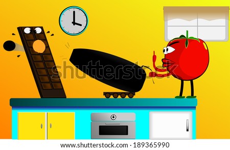 Food Fights/Tomato vs. Chocolate/Angry tomato firing cannon ball through cross-eyed chocolate bar on counter top with wall clock & window in background