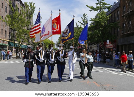 NEW YORK CITY - MAY 26 2014: The 146th annual King\'s County Memorial Day Parade, one of the nation\'s oldest, honored fallen & living veterans in the streets of Bay Ridge, Brooklyn. Color guard on 3rd