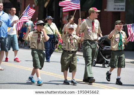 NEW YORK CITY - MAY 26 2014: The 146th annual King's County Memorial Day Parade, one of the nation's oldest, honored fallen & living veterans in the streets of Bay Ridge, Brooklyn. Boy Scouts march