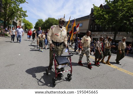 NEW YORK CITY - MAY 26 2014: The 146th annual King\'s County Memorial Day Parade, one of the nation\'s oldest, honored fallen & living veterans in the streets of Bay Ridge, Brooklyn. Elder scout on 3rd
