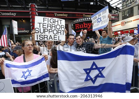 NEW YORK CITY - JULY 20 2014: several thousand supporters of Israeli actions in Gaza staged a rally in Times Square. Israeli flags along Seventh Avenue