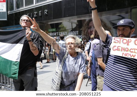 NEW YORK CITY - JULY 29 2014: Activist & author Norman Finkelstein organized a civil disobedience action in front of Israel\'s permanent UN Mission on 2nd Av, blocking traffic & leading to 24 arrests