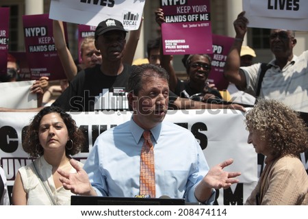 NEW YORK CITY - JULY 31 2014: VOCAL NY, the Justice Committee & other activist coalitions rallied with NY City Council members in front of City Hall demanding reform from the NYPD. Brad Lander