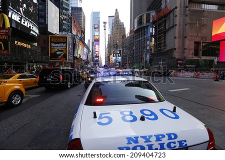 NEW YORK CITY - AUGUST 5 2014: a Gray Line double-decker tour bus collided with another tour bus in Times Square before smashing into a light pole on Duffy Square. 15 were injured; 3 seriously.