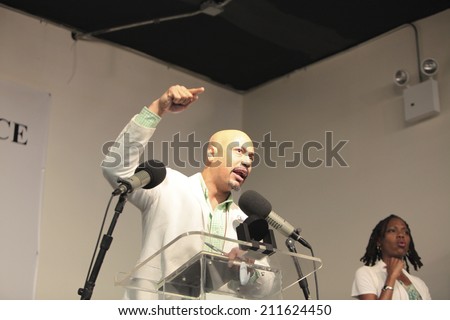 NEW YORK CITY - AUGUST 16 2014: Rev Al Sharpton\'s National Action Network held a rally to address the ongoing violence in Ferguson, Missouri attended by Congressman Hakeem Jeffries & the Garner family