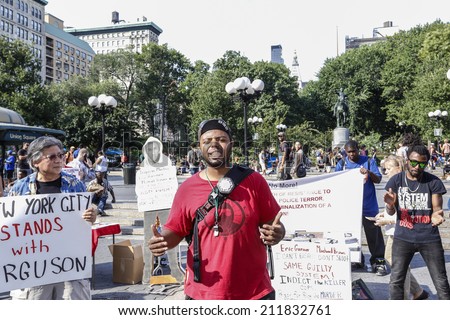 NEW YORK CITY - AUGUST 16 2014: Stop Mass Incarceration Network members held a rally in Union Square to call October of 2014 a \