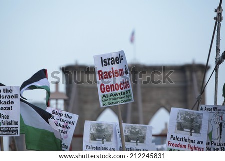 NEW YORK CITY - AUGUST 20 2014: Solidarity with Palestine hosted a rally at Cadman Plaza, Brooklyn followed by a march in sympathy with Gaza across the Brooklyn Bridge & assembly at One Police Plaza