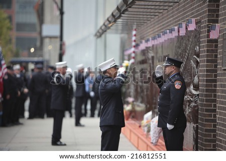 NEW YORK CITY - SEPTEMBER 11 2013: the 13th anniversary of the WTC terror attacks was observed in Lower Manhattan by first responders & relatives of attack victims. FDNY changing of the guard