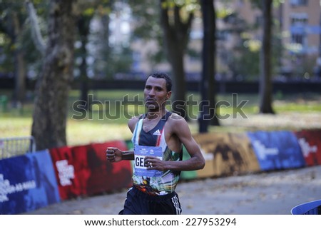 NEW YORK CITY - NOVEMBER 2 2014: the 43rd annual New York City Marathon saw more than 50,000 entrants run through all five boroughs. Men\'s professional runner Haile Gebrselaissie of Ethiopia