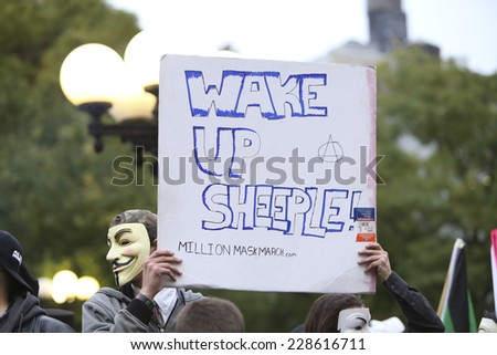 NEW YORK CITY - NOVEMBER 5 2014: Anonymous & Stop Mass Incarcerations Network held a Million Mask March & Rally that started in Union Square & marched to Columbus Circle by way of Times Square