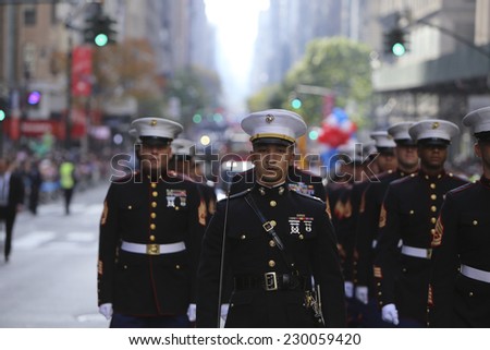 NEW YORK CITY - NOVEMBER 11 2014: the 95th annual Veteran's Day parade along Fifth Avenue is the largest Nov 11 celebration in the United States. US Marine Corps in formation