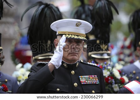 NEW YORK CITY - NOVEMBER 11 2014: the 95th annual Veteran\'s Day parade along Fifth Avenue is the largest Nov 11 celebration in the United States. Southern Commander General John Kelly, USMC