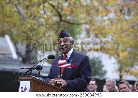 NEW YORK CITY - NOVEMBER 11 2014: the 95th annual Veteran\'s Day parade along Fifth Avenue is the largest Nov 11 celebration in the United States. US Representative & Korean War Veteran Charles Rangel