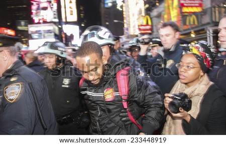 NEW YORK CITY - NOVEMBER 25 2014: activists took to the streets of New York City for the second day protesting the Ferguson grand jury\'s failure to indict Darren Wilson in the death of Michael Brown