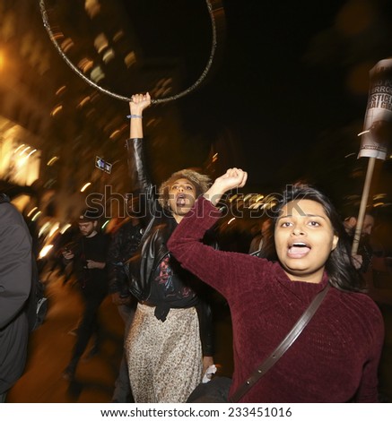 NEW YORK CITY - NOVEMBER 24 2014: after a rally awaiting announcement of the Ferguson grand jury\'s failure to indict Darren Wilson in the death of Michael Brown, activists took to the streets of NYC