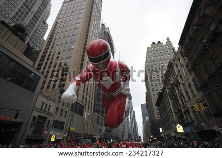 NEW YORK CITY - NOVEMBER 27 2014: the 88th annual Macy\'s Thanksgiving Day parade stretched from Manhattan\'s Upper West Side to Herald Square, viewed by 350,000 spectators. Mighty Morphin Power Ranger,