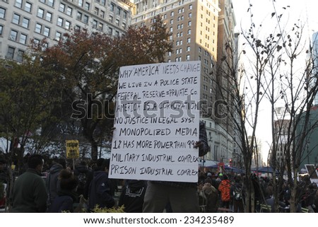 NEW YORK CITY - NOVEMBER 28 2014: several hundred activists gathered in Herald Square to urge passersby to boycott Black Friday sales at Macy's & other department stores in outrage over Mike Brown