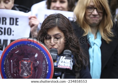 NEW YORK CITY - DECEMBER 2 2014: New Yorkers for Clean & Safe Streets held a press conference by City Hall in praise of Mayor De Blasio\'s plan to ban horse-drawn carriages. ASPCA\'s Michelle Villagomez
