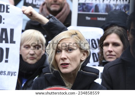 NEW YORK CITY - DECEMBER 2 2014: New Yorkers for Clean & Safe Streets held a press conference by City Hall in praise of Mayor De Blasio\'s plan to ban horse-drawn carriages. Ashley Byrne of PETA