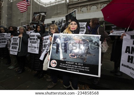 NEW YORK CITY - DECEMBER 2 2014: New Yorkers for Clean & Safe Streets held a press conference by City Hall in praise of Mayor De Blasio\'s plan to ban horse-drawn carriages. Activist with picture