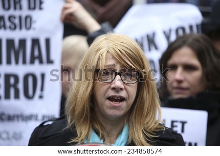 NEW YORK CITY - DECEMBER 2 2014: New Yorkers for Clean & Safe Streets held a press conference by City Hall in praise of Mayor De Blasio\'s plan to ban horse-drawn carriages. Erika Matthews of ALDF