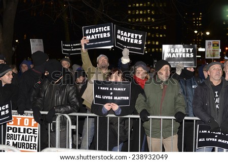 NEW YORK CITY - DECEMBER 19 2014: a planned demonstration in support of the NYPD in front of city hall prompted a larger counter-protest by activists opposing police brutality.