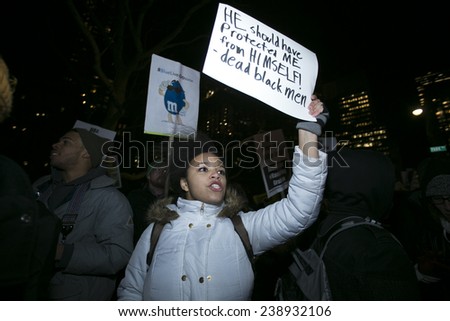 NEW YORK CITY - DECEMBER 19 2014: a planned demonstration in support of the NYPD in front of city hall prompted a larger counter-protest by activists opposing police brutality.