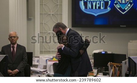 NEW YORK CITY - DECEMBER 23 2014: Mayor Bill De Blasio led City Hall staffers in a moment of silence in memory of slain NYPD officers Wenjin Liu & Rafael Ramos in the city hall \