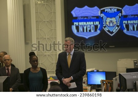 NEW YORK CITY - DECEMBER 23 2014: Mayor Bill De Blasio presided over a moment of silence in memory of slain NYPD officer Rafael Ramos & Wenjin Liu in the City Hall 